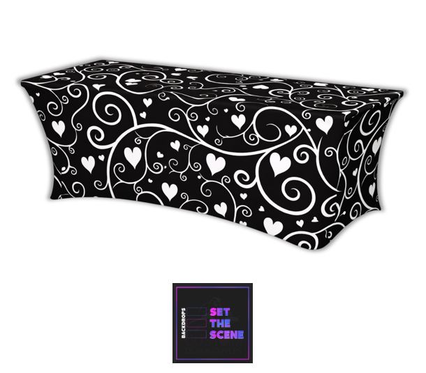 Wedding Hearts & Vines-Black Lycra Table Cover