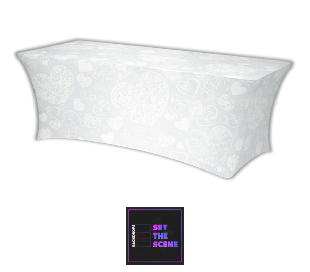 Wedding Grey With White Hearts Lycra Table Cover